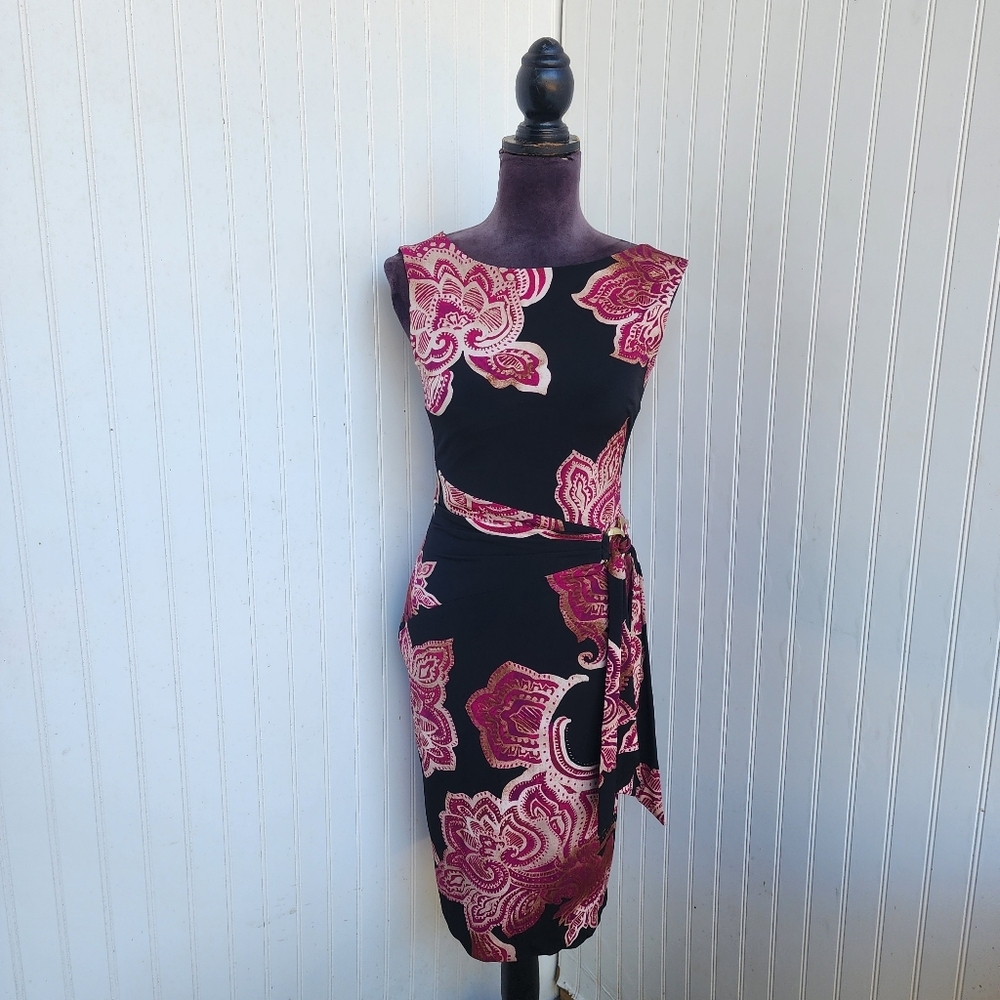 Cache Fushia Purple Black Paisley Stretch Ruched Sleeveless Dress Detail Lined S